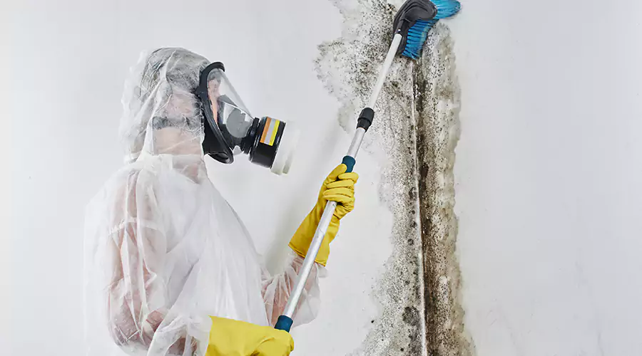 Remediation worker in protective suit scrubbing mold from a wall